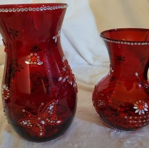 2pc Red Urn Vase Set
